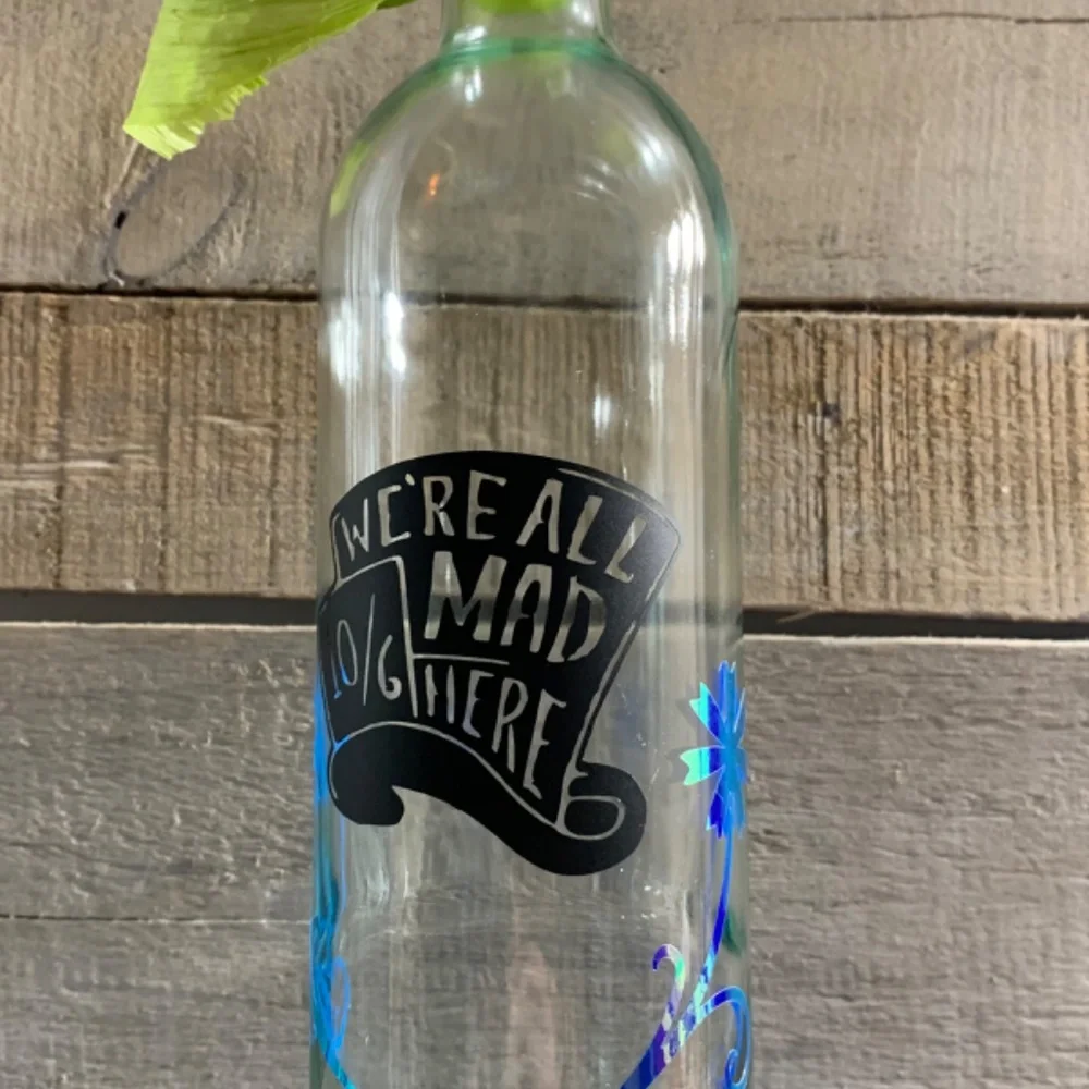 Hand Crafted- ‘We’re All Mad Here’ logo Mad Hat Wine Bottle Lantern